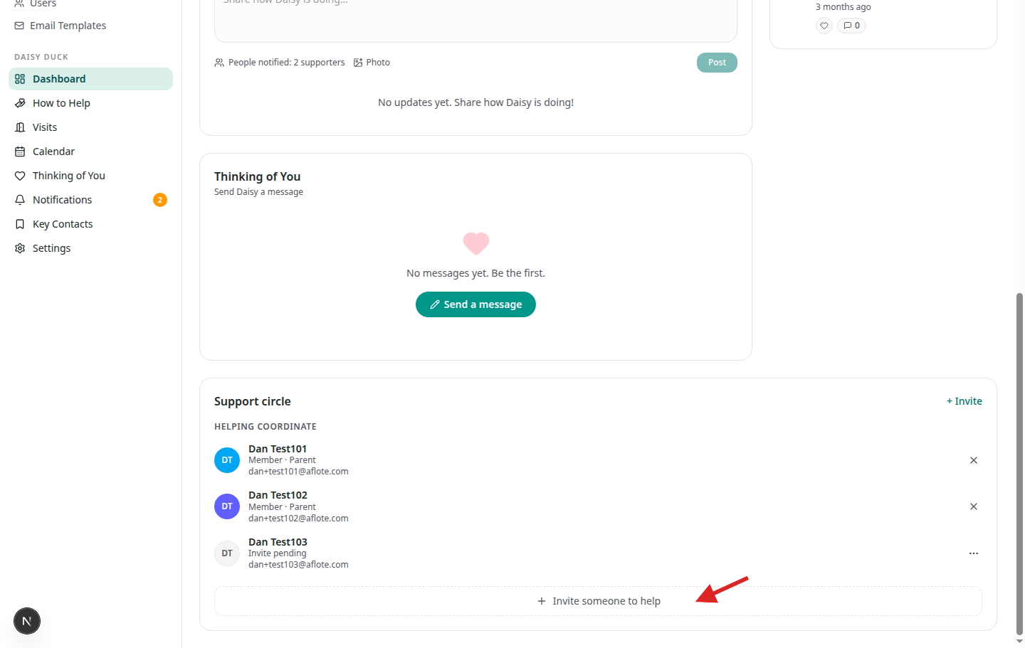 The Daisy Duck dashboard with a small red arrow pointing to Invite someone to help in the Support circle card