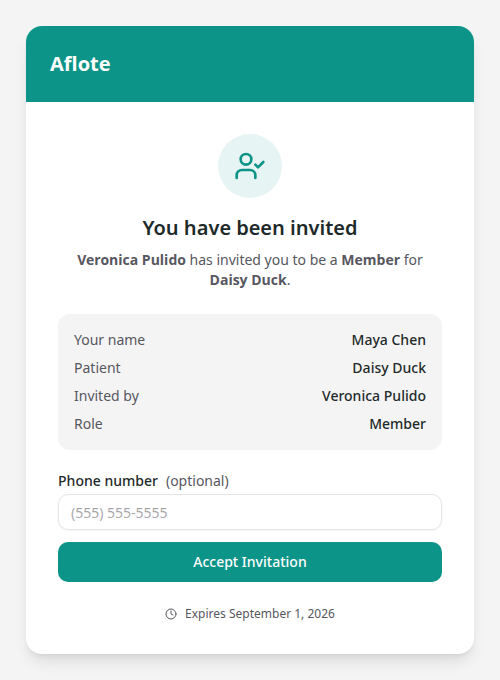 The invitation page as seen by the person receiving the invitation, showing recipient details, the optional phone number field, and Accept Invitation button
