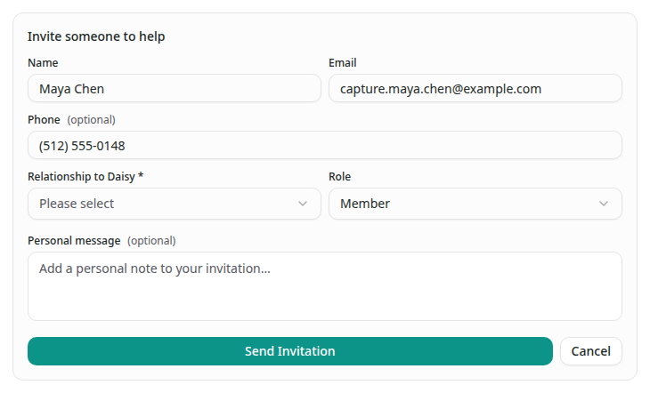 The Support circle invitation form in Settings with the optional personal message and Send Invitation button