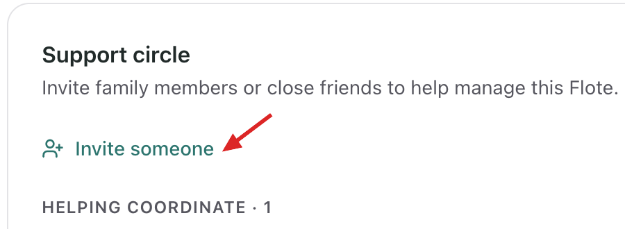 The Support circle card in Settings with a red arrow pointing to the Invite someone option