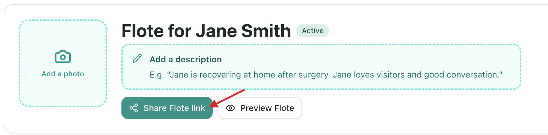 The Flote dashboard with a red arrow pointing to the Share Flote link button below the Flote description