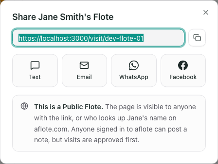The Share Flote link dialog for a public Flote, showing the single Flote link with sharing options