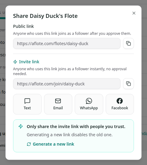 The Share Flote link dialog with the Invite link and options to send it by text, email, WhatsApp, or Facebook