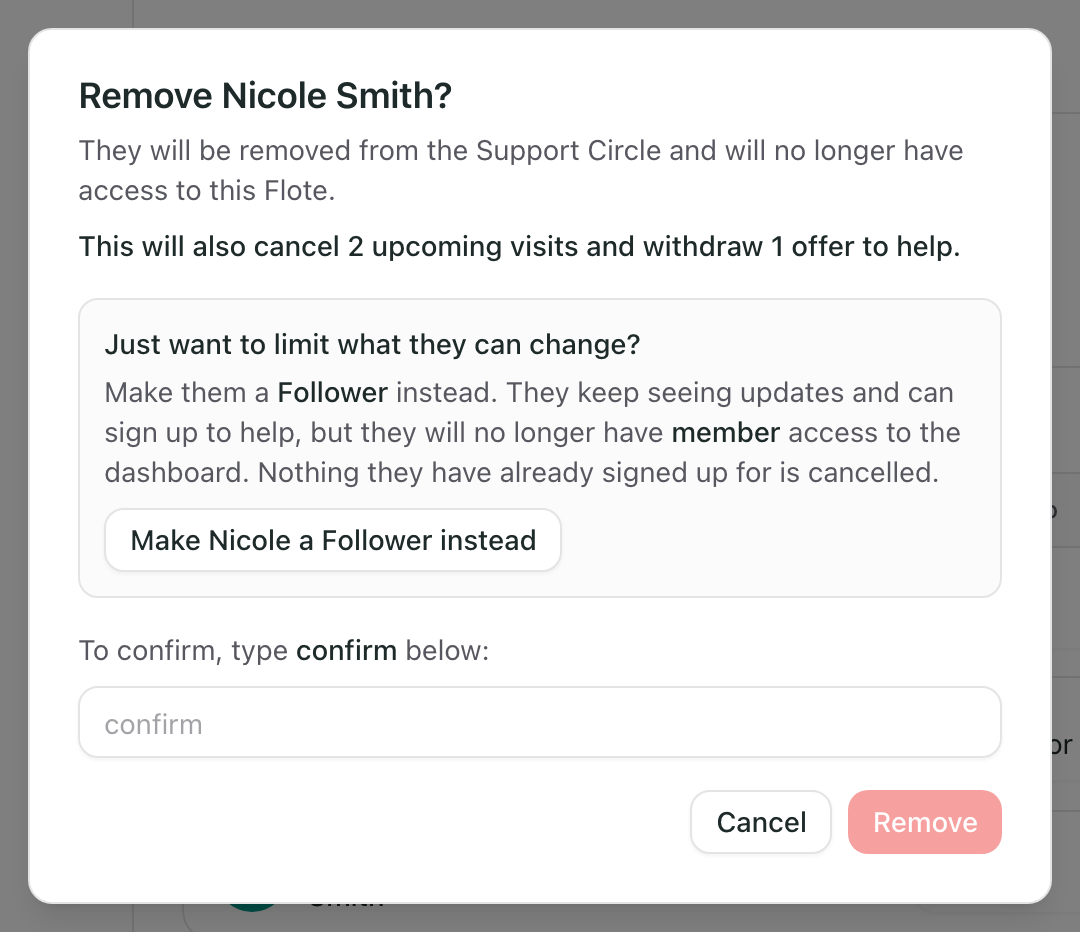 The confirmation, showing how many visits and offers will be cancelled, the option to make them a Follower instead, and the box for typing confirm