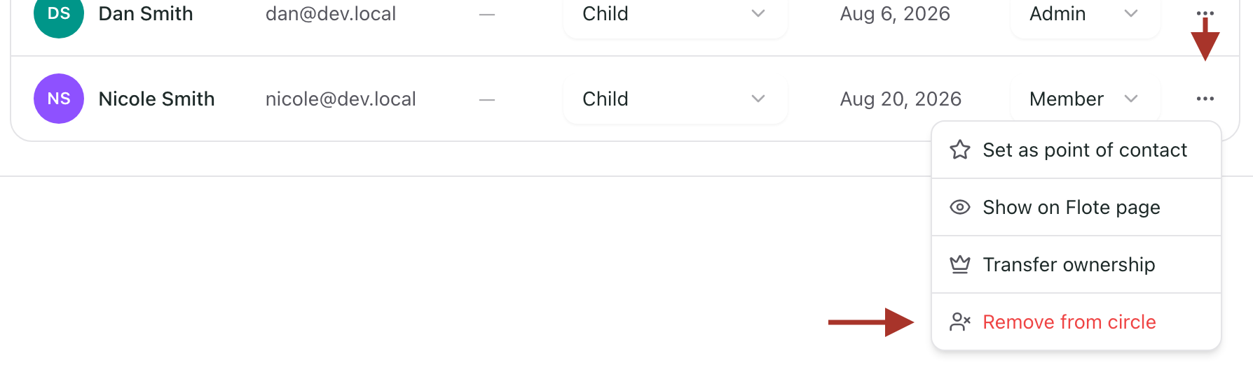 Arrows pointing first to the three dots at the end of a member's row, then to Remove from circle in the menu it opens