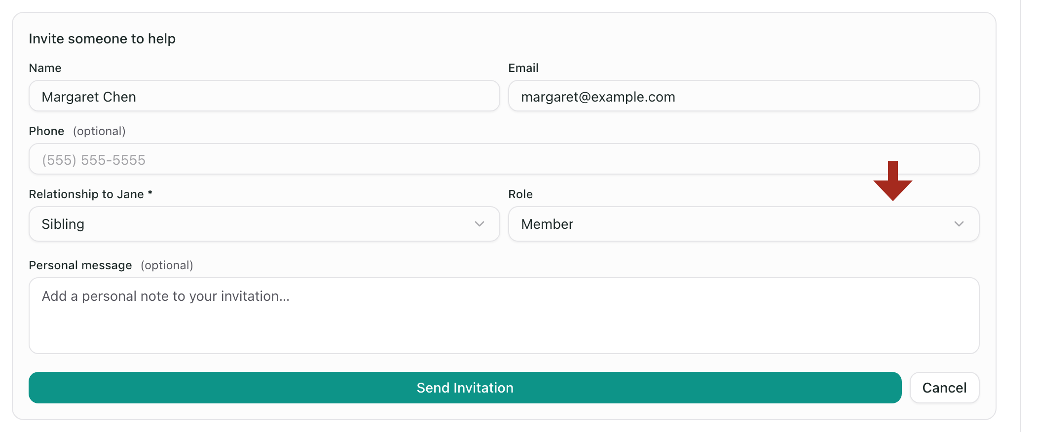 An arrow pointing down at the Role dropdown in the invite form, which is set to Member