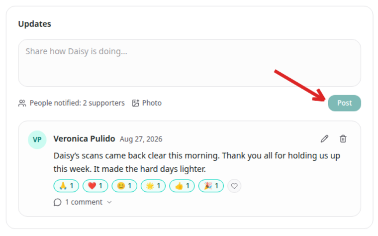 The Daisy Duck dashboard with navigation, the Updates section, the Share how Daisy is doing field, Photo control, and Post button visible; a small arrow points to Post