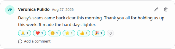 The current Daisy update reading Daisy's scans came back clear this morning, with six reaction chips and Add a comment below it