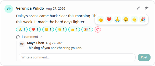 The current Daisy update with Maya Chen's response visible and the open reaction picker showing six choices