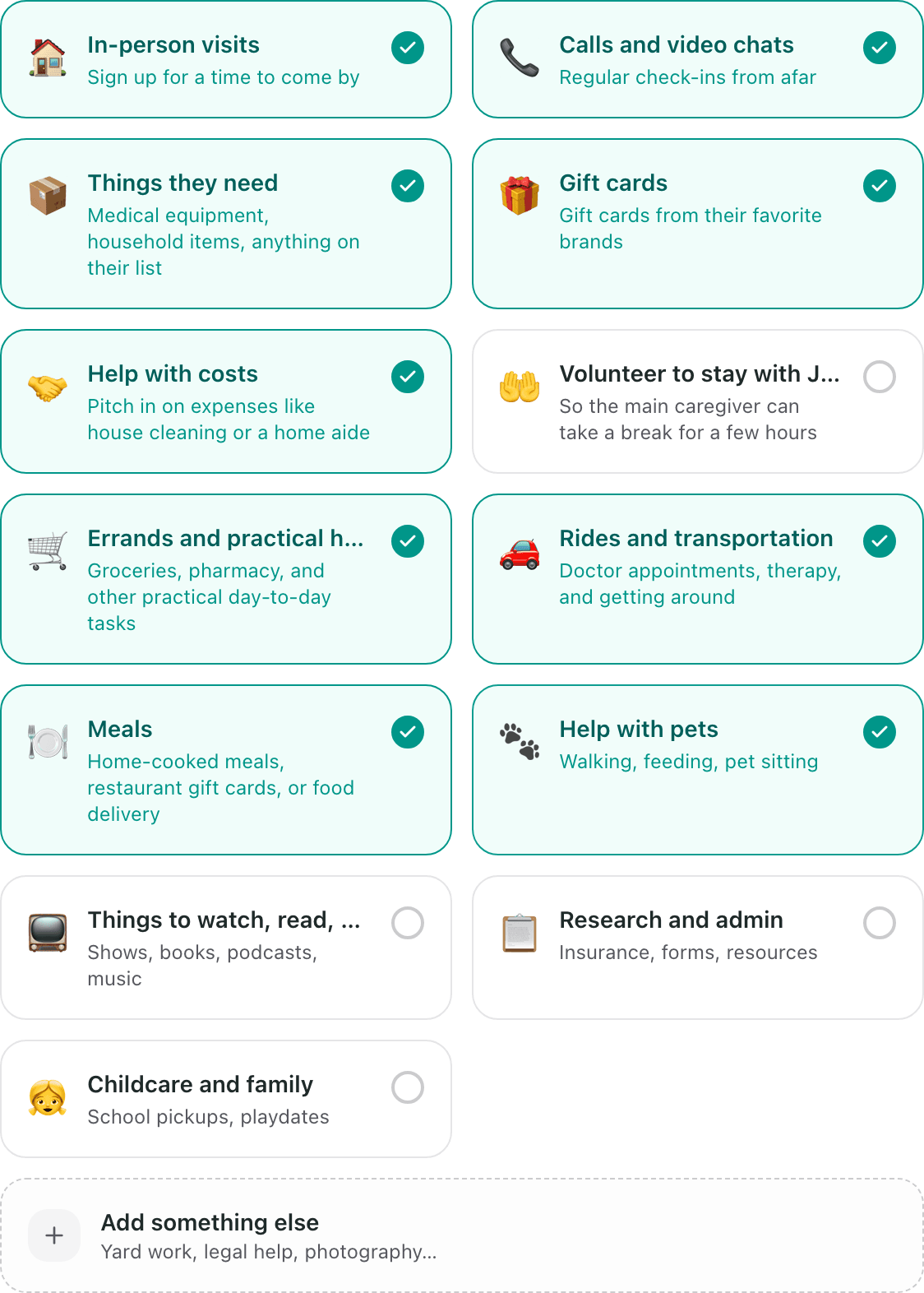 The How can people help cards, with seven selected and the Add something else option at the end