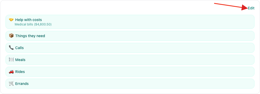 The Ways to Help page before Gift cards are added, with a red arrow pointing to Edit