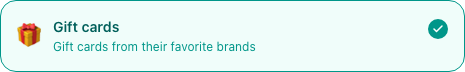 The selected Gift cards choice with a teal outline and checkmark
