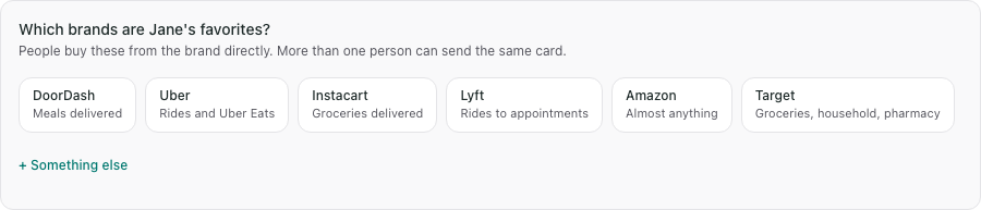 The gift card brand picker with suggested brands and the Something else option
