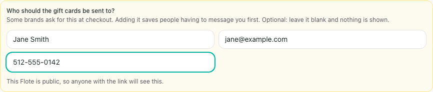 The optional gift-card recipient fields filled with fictional name, email, and mobile details