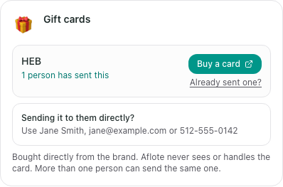 The supporter gift-card view with Buy a card and Already sent one controls and fictional recipient details