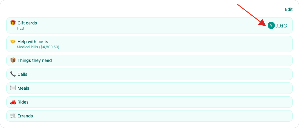 The admin Ways to Help page with a straight red arrow pointing to the gift-card sender and sent count