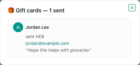 The reported gift cards list with fictional supporter details