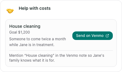 A House cleaning fund on the supporter view with its goal, note, and Send on Venmo button