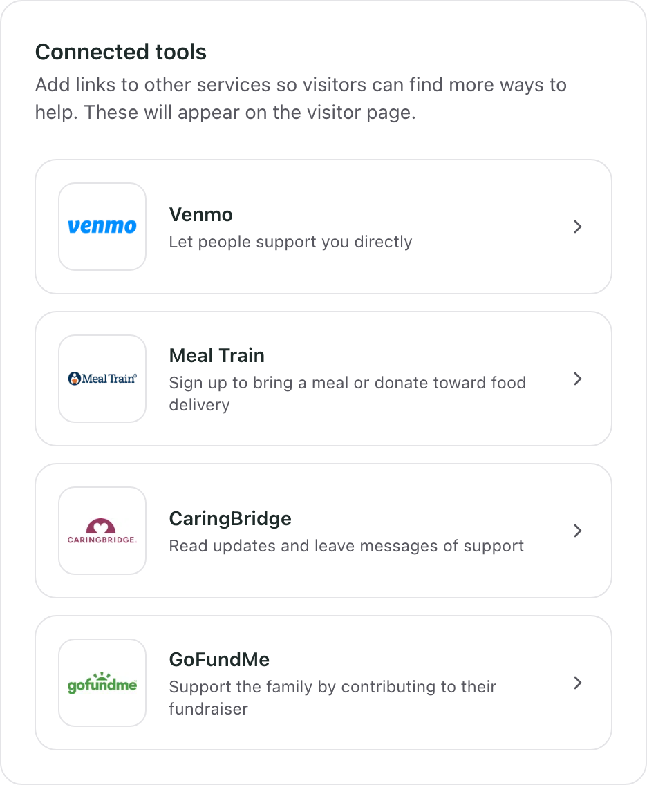 The Connected tools settings page with Venmo listed first, above Meal Train, CaringBridge and GoFundMe