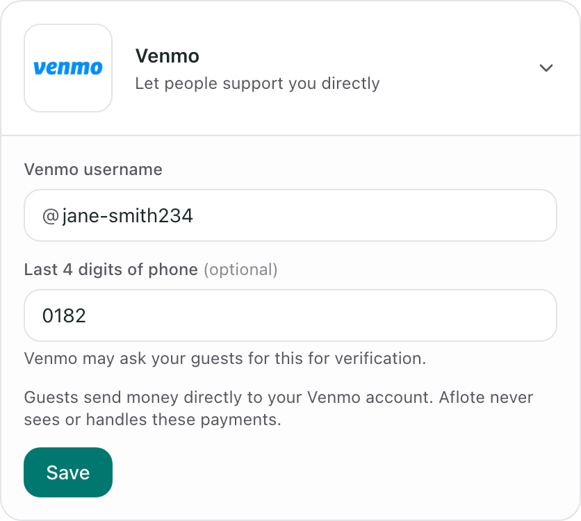 The Venmo row open, showing the username field with a fixed @ symbol and the optional last-4-digits field
