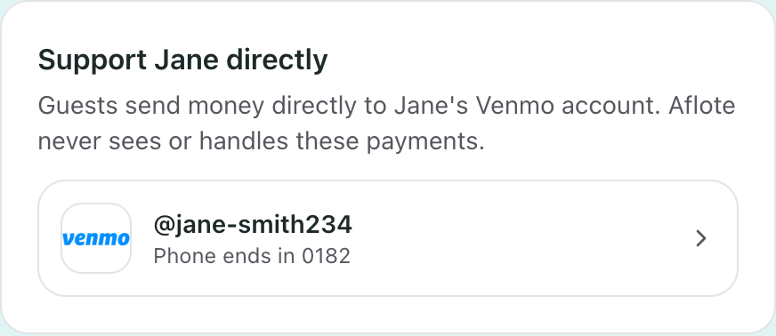 The Venmo card on the Flote page, showing the username and a link that opens Venmo