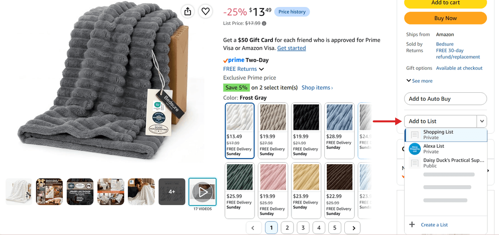 The blanket product page with a red arrow pointing to Add to List beside the product options; unrelated list names are hidden