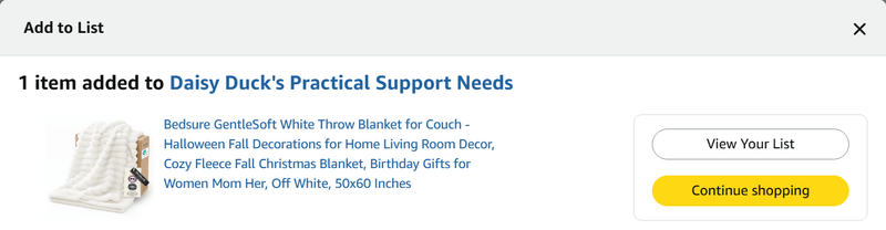 The item-added confirmation names the chosen List and offers View Your List and Continue shopping