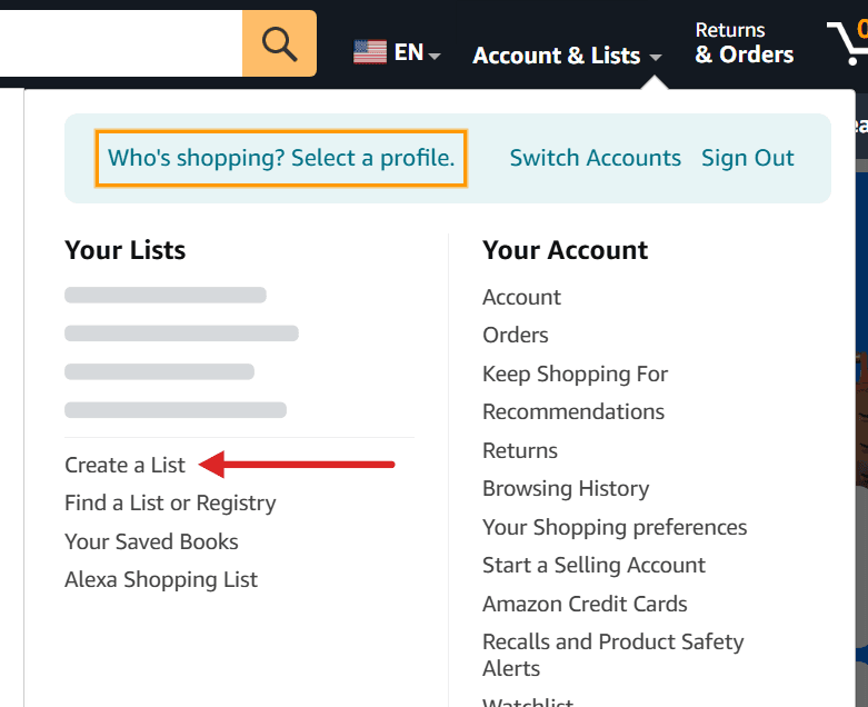 The full Account & Lists control above its open menu, with a red arrow pointing to Create a List; account greeting and existing list names are hidden