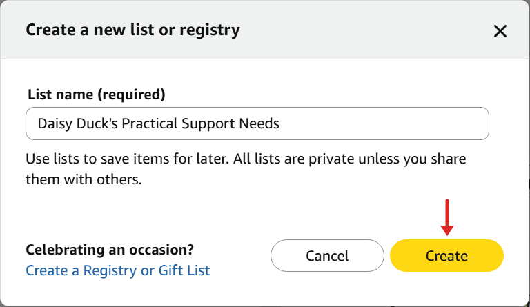 The Create a new list or registry dialog with a List name field and a red arrow pointing to the yellow Create button