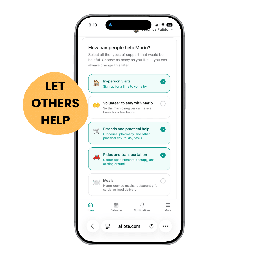 Aflote options for visits, errands, rides, and meals