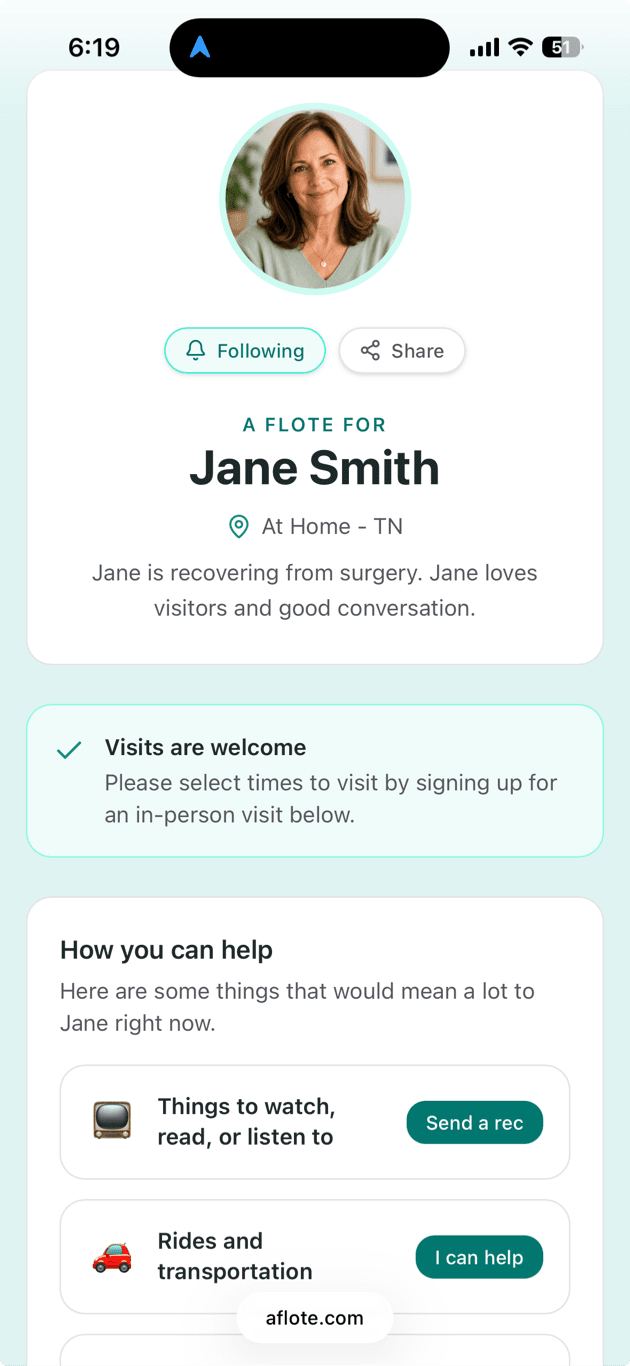 Jane Smith's Flote showing her support page, visit preferences, and ways friends can help