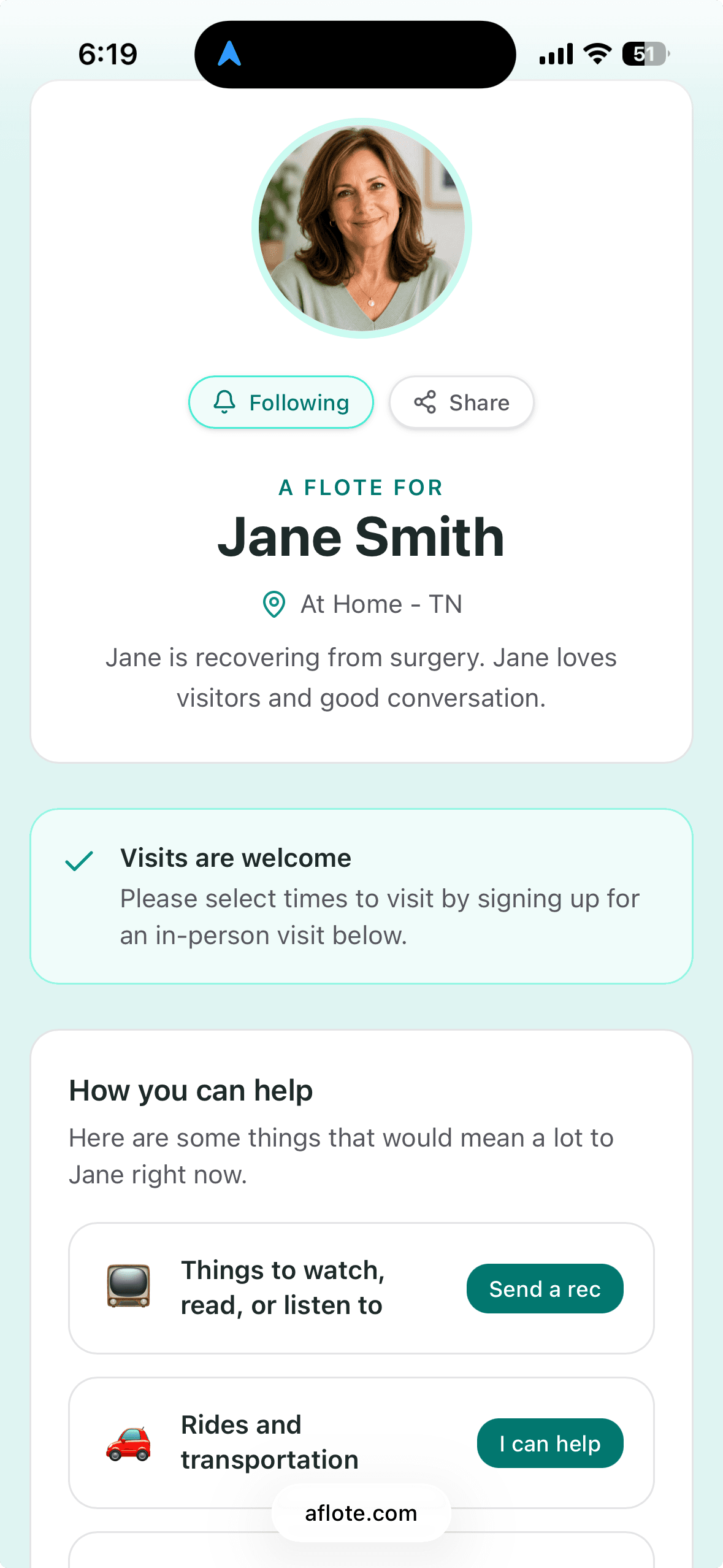 Jane Smith's Flote showing her support page, visit preferences, and ways friends can help
